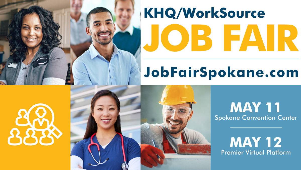 KHQ/WorkSource Job Fair Promo Image - event takes place in person on May 11, 2022 and online on May 12, 2022